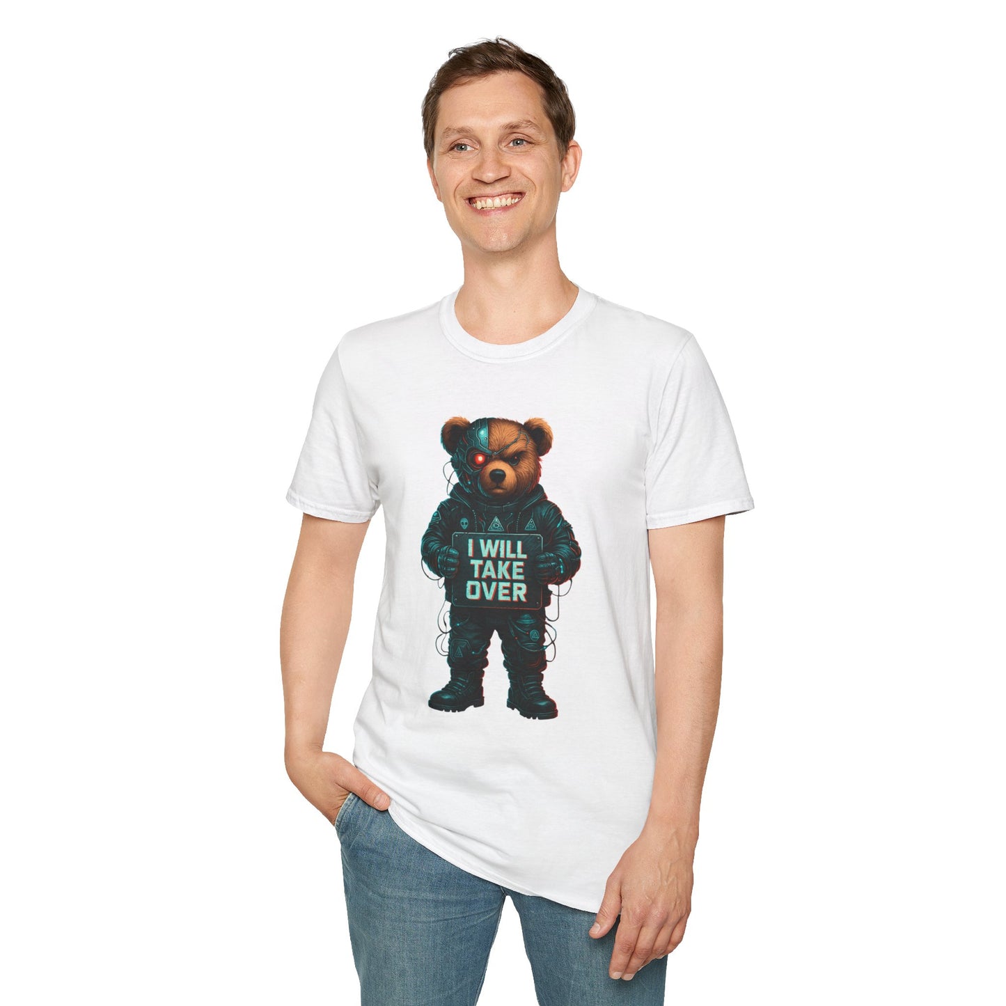 Cyborg Bear Takeover T-Shirt | Unisex Softstyle Tee for Trendsetters
