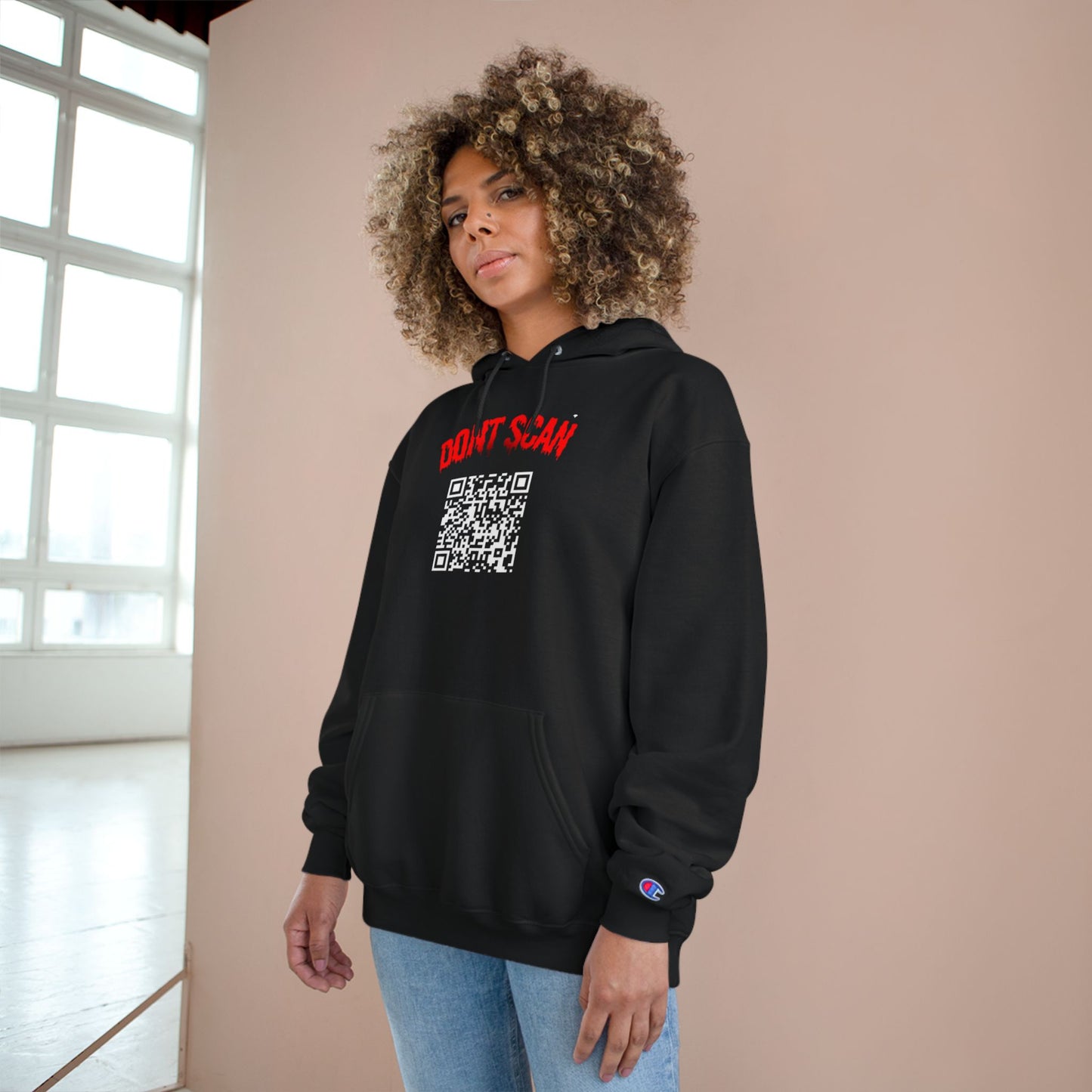 Don't Scan Champion Hoodie - Unisex Black Sweatshirt with QR Code Design