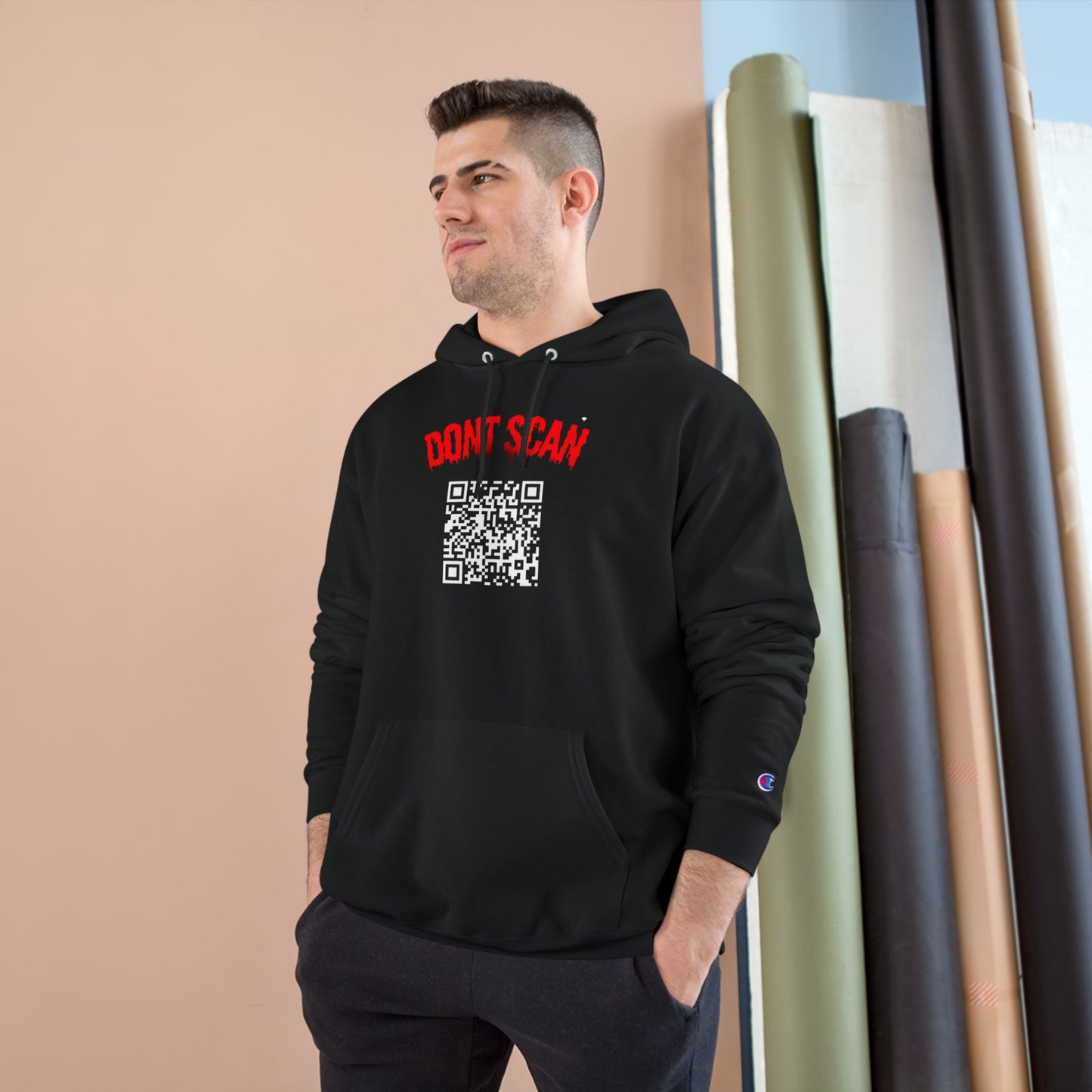 Don't Scan Champion Hoodie - Unisex Black Sweatshirt with QR Code Design