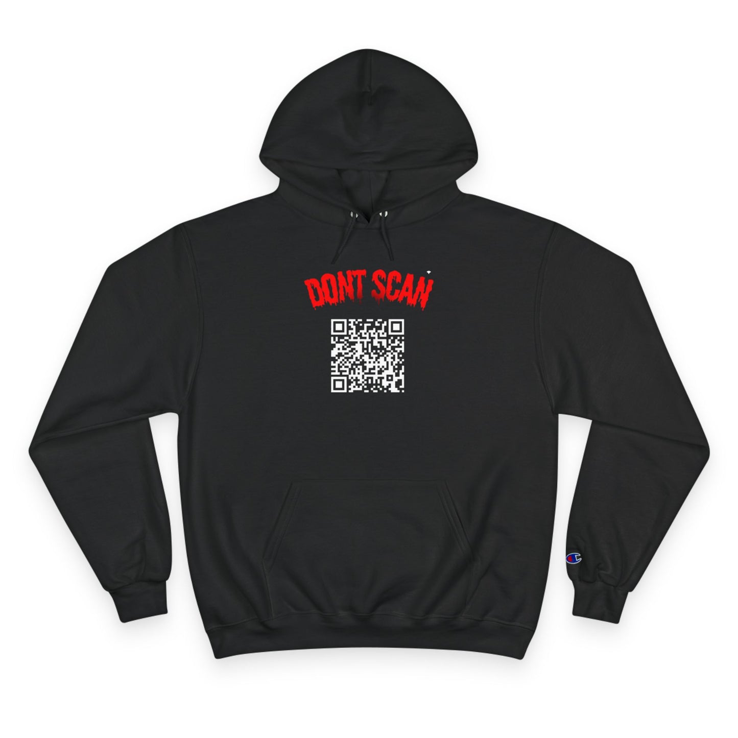 Don't Scan Champion Hoodie - Unisex Black Sweatshirt with QR Code Design