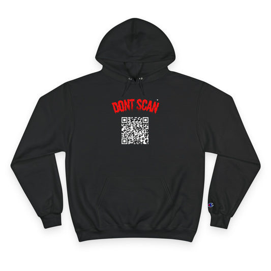 Don't Scan Champion Hoodie - Unisex Black Sweatshirt with QR Code Design