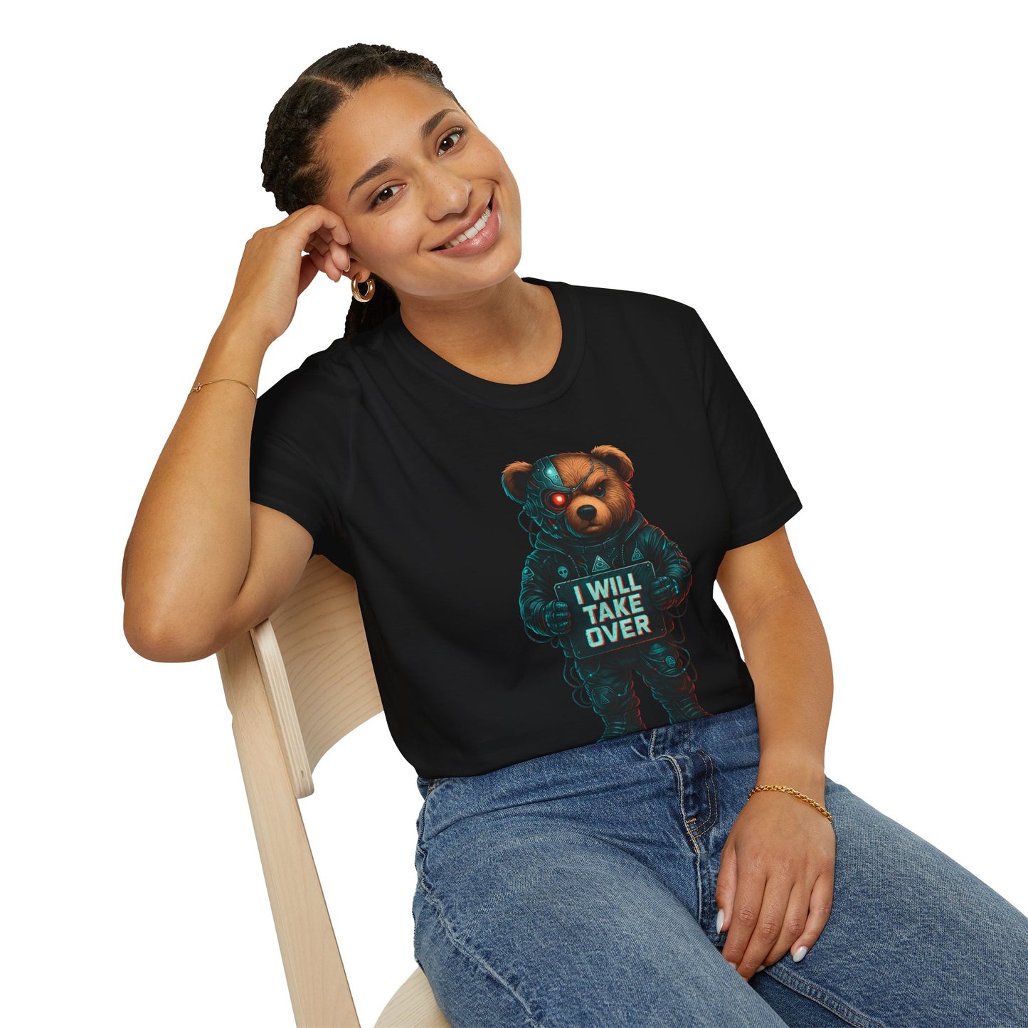 Cyborg Bear Takeover T-Shirt | Unisex Softstyle Tee for Trendsetters